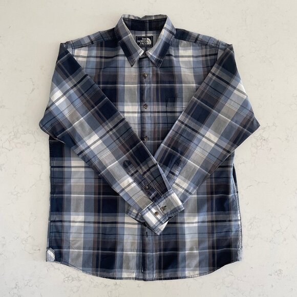 The North Face Casual LS Button Down Plaid 100% Cotton Shirt Blues + White Sz L - Picture 1 of 13